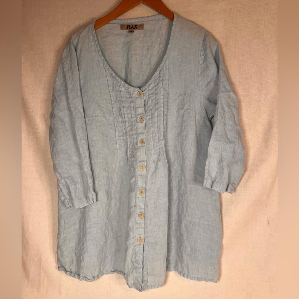 Flax Small Linen Top Oversized Baby Blue Pleated Tunic Button Shirt Pockets